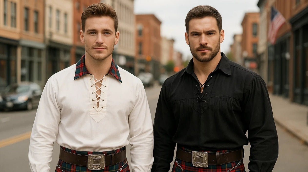 Camicia Giacobita Blu Navy Da Uomo In Stile Ghillie: Kilt Scozzese Delle Highlands, Costume Rinascimentale - Italia - Foto 7