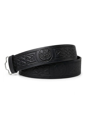 Black Leather Thistle Embossed Kilt Belt - Velcro Adjustable