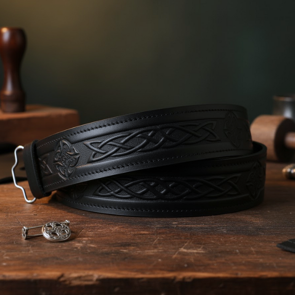 AAR Leather Kilt Belt With Celtic Twist Design - Scottish Highland Accessory, Brown/Black