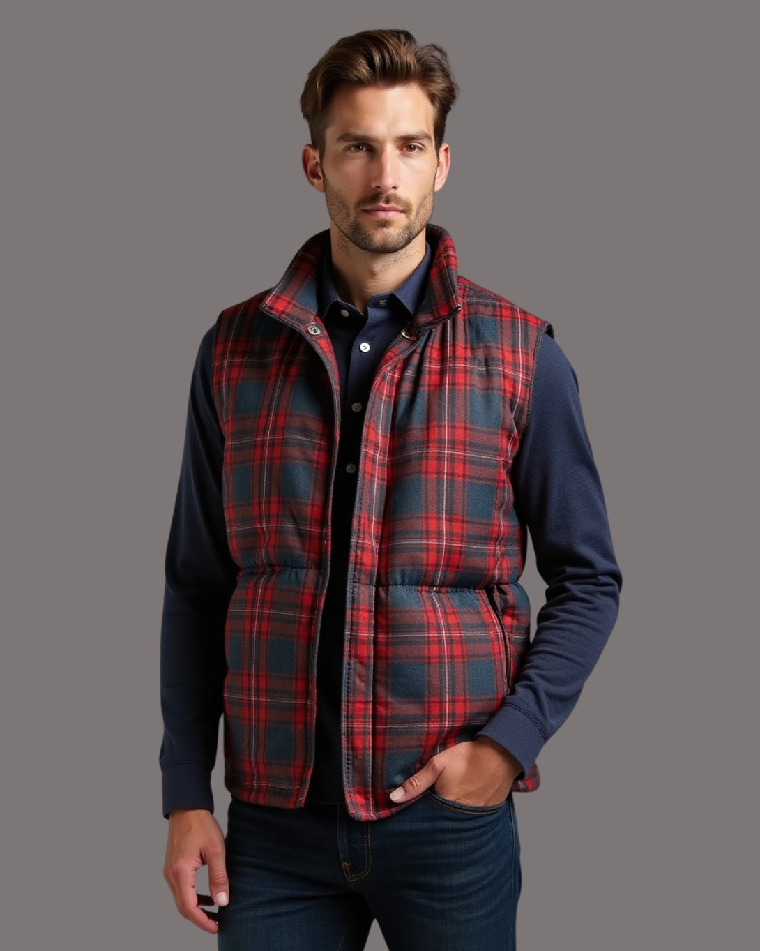 Plaid Sleeveless Puffer Jacket