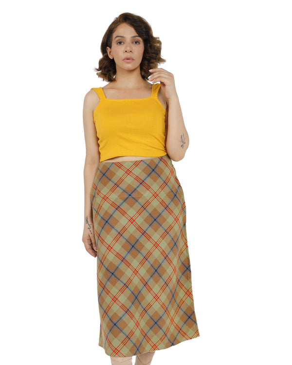 Beige Plaid Midi Skirt for womens