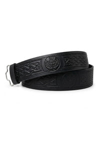 Black Leather Thistle Embossed Kilt Belt - Velcro Adjustable