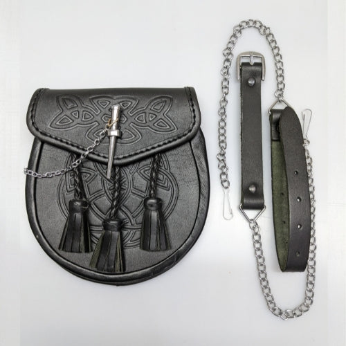 BLACK LEATHER SPORRAN WITH S-CHAIN KILT & BAGPIPE IN CELTIC DESIGN main image 0