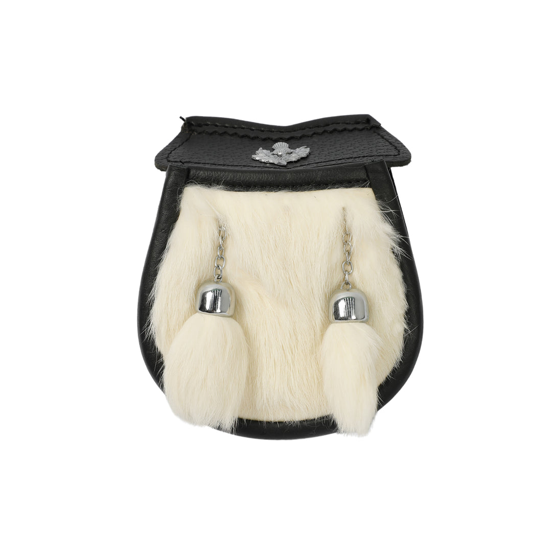 Boys White Rabbit Fur Sporran Pouch With Thistle Badge front