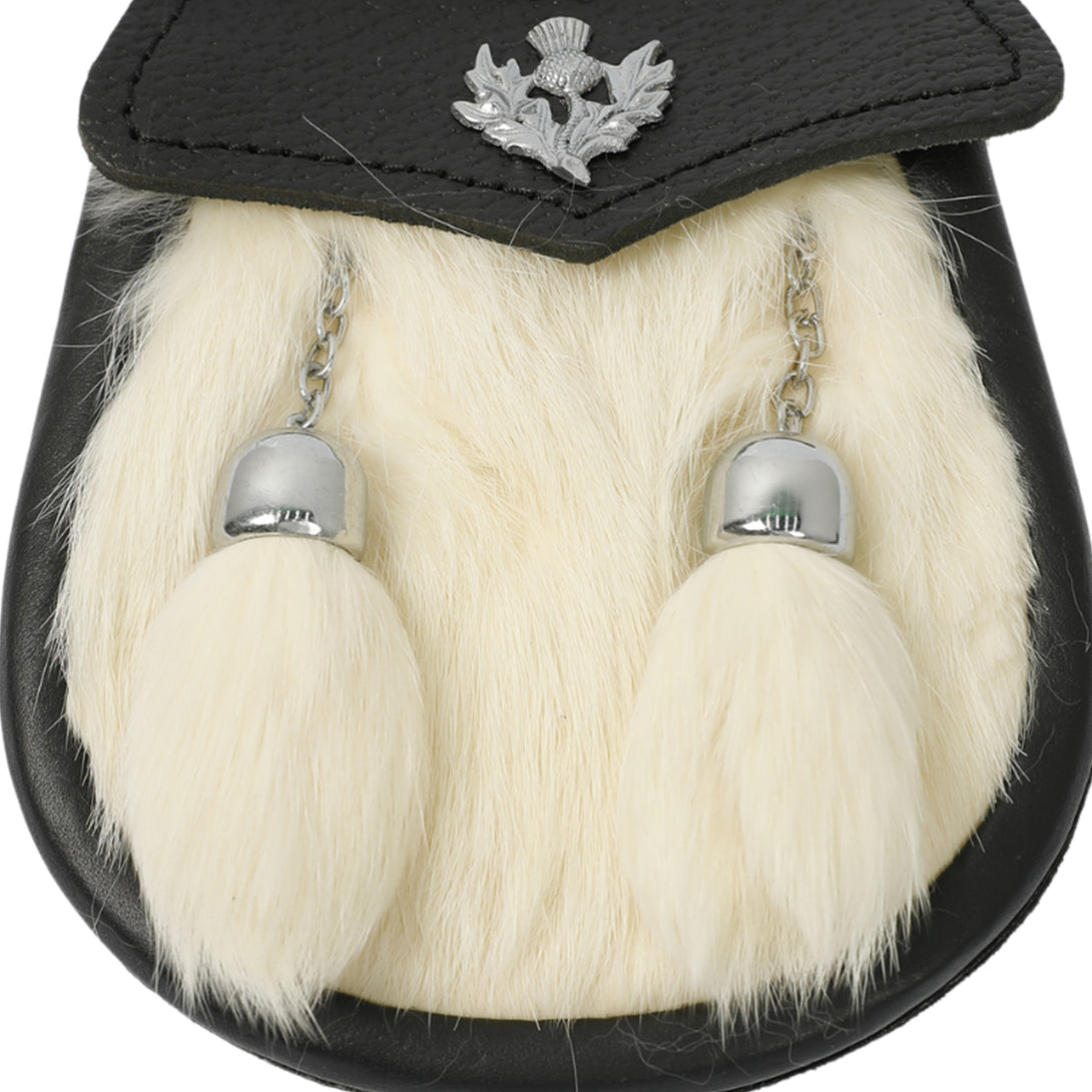 Boys White Rabbit Fur Sporran Pouch With Thistle Badge tassels