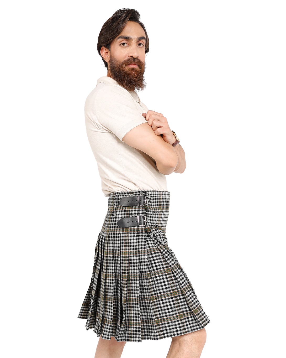 Side view of Burns check Bespoke kilt