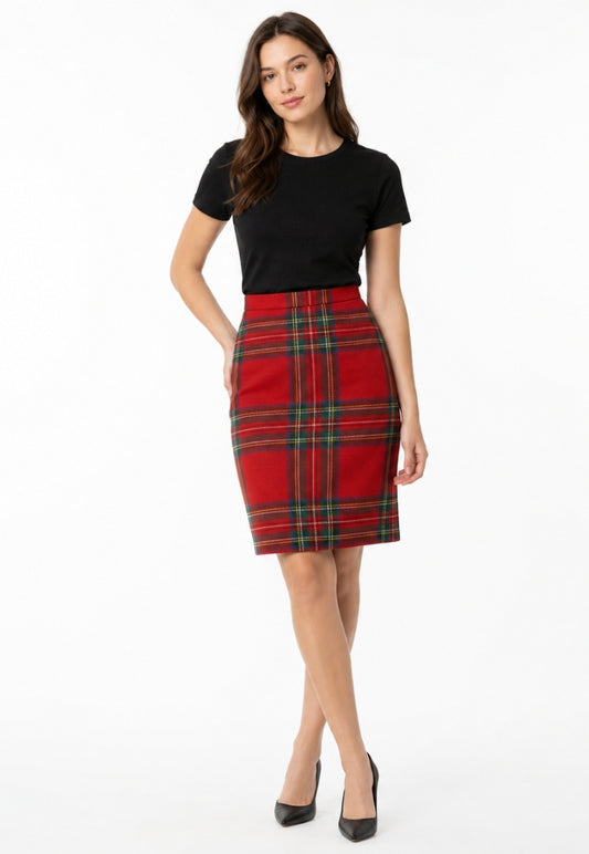 High-Waisted Tartan Pencil Skirt