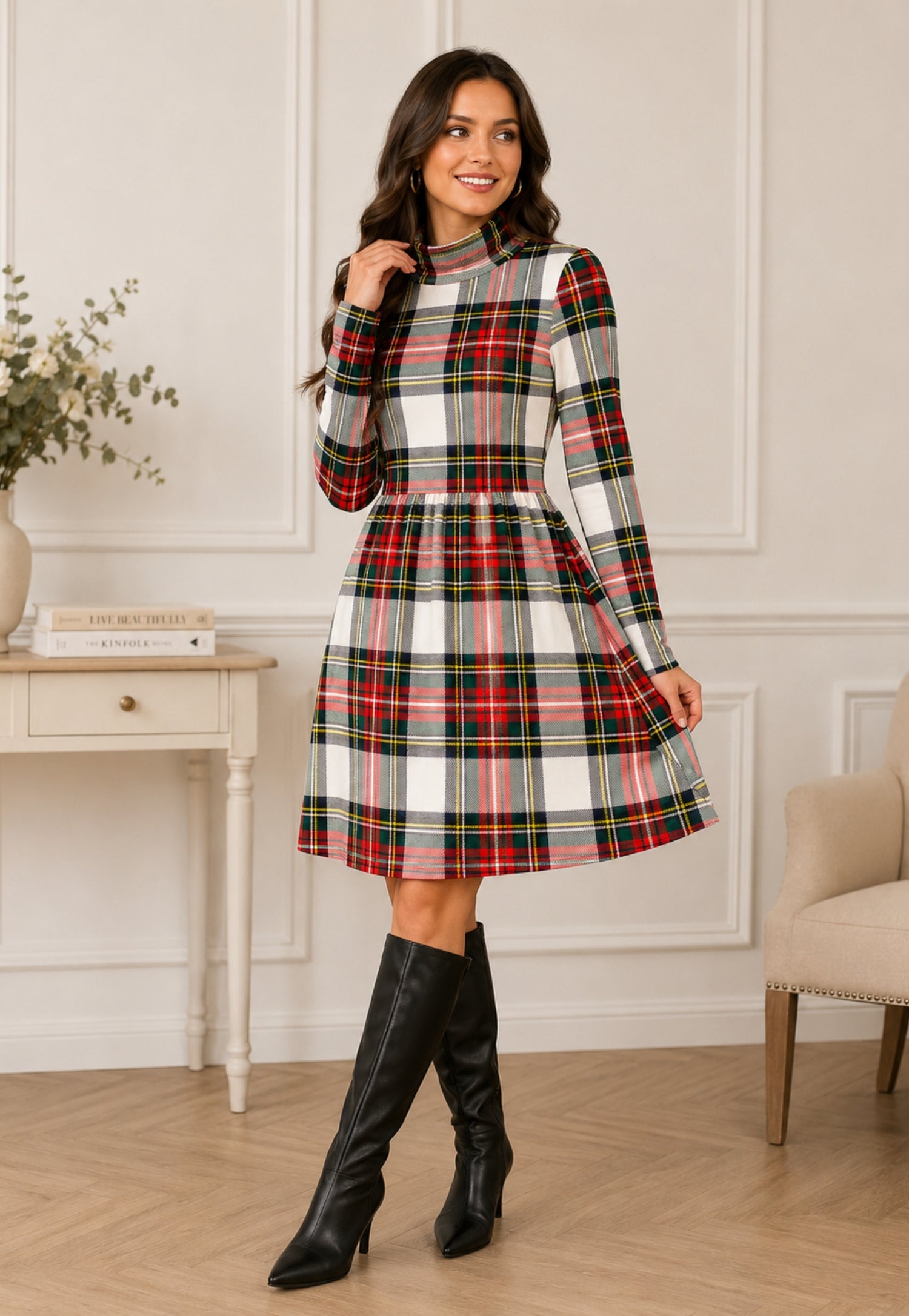 knee length plaid dress High Neck Gala Water Tartan/Plaid Binding:Hardback Fine Dining Outfit Ideas Elastic waistline subcollection/vestidosymonos