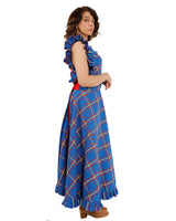 tartan maxi dress Red Plaid Sleeveless Cotton revealing a hint of leg with a bold front slit thats made for movement Blue tartan maxi dress with