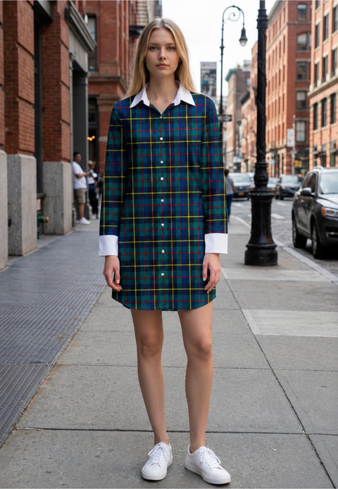 Plaid Lapel Shirt Dress with Long Sleeves