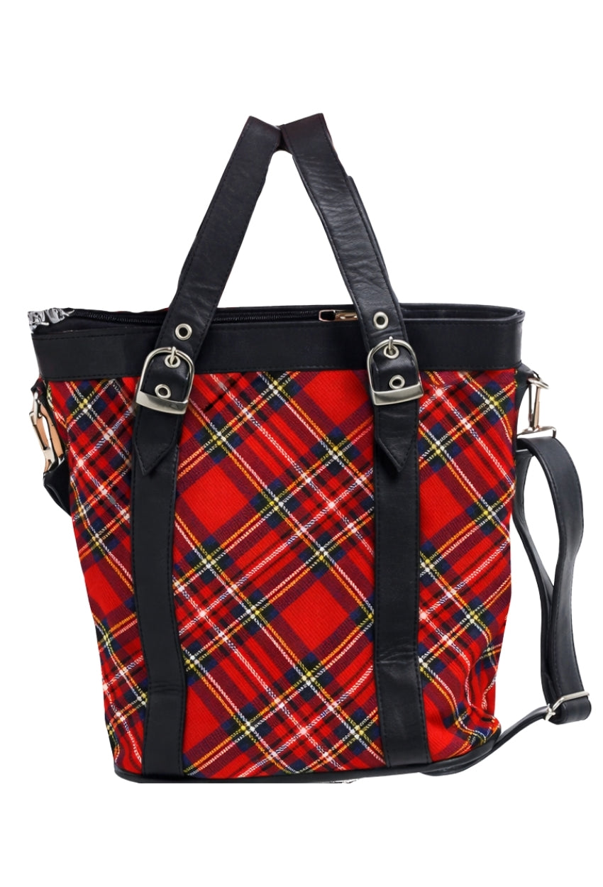 Royal Stewart Shoulder Plaid Tote with Leather Straps