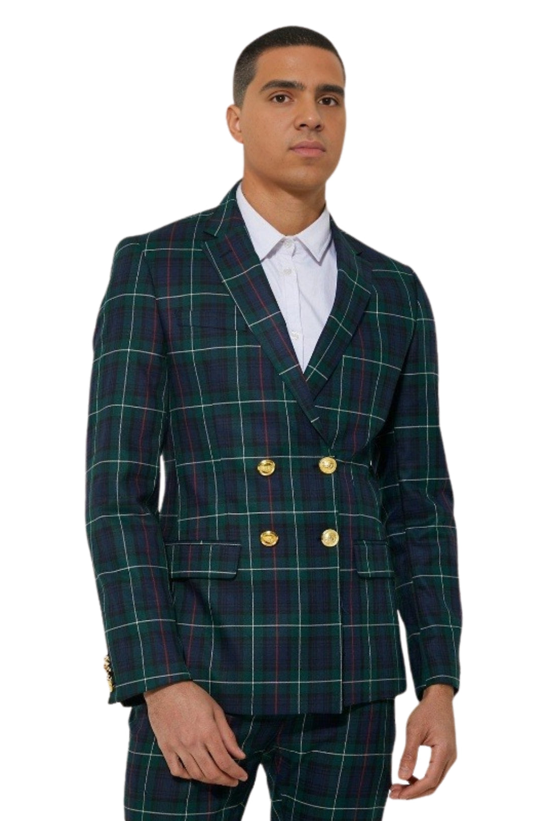 Skinny Double-Breasted Tartan Suit Jacket