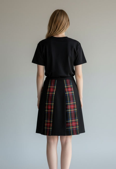 Striped Tartan Panel Pleated Skirt
