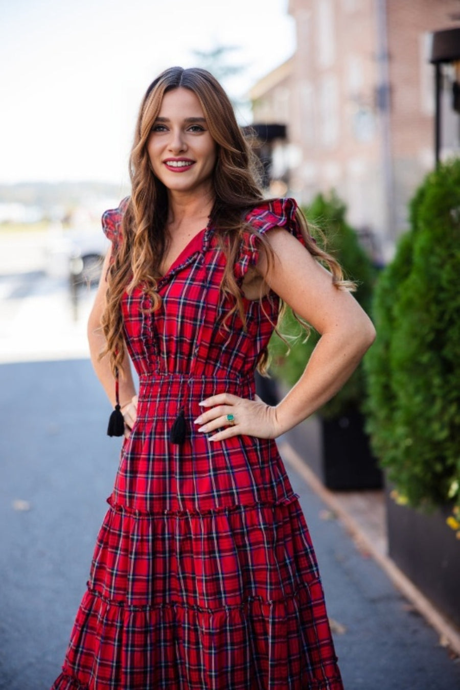 Oliver Tartan Ruffled Mary Dress With Flutter Sleeve