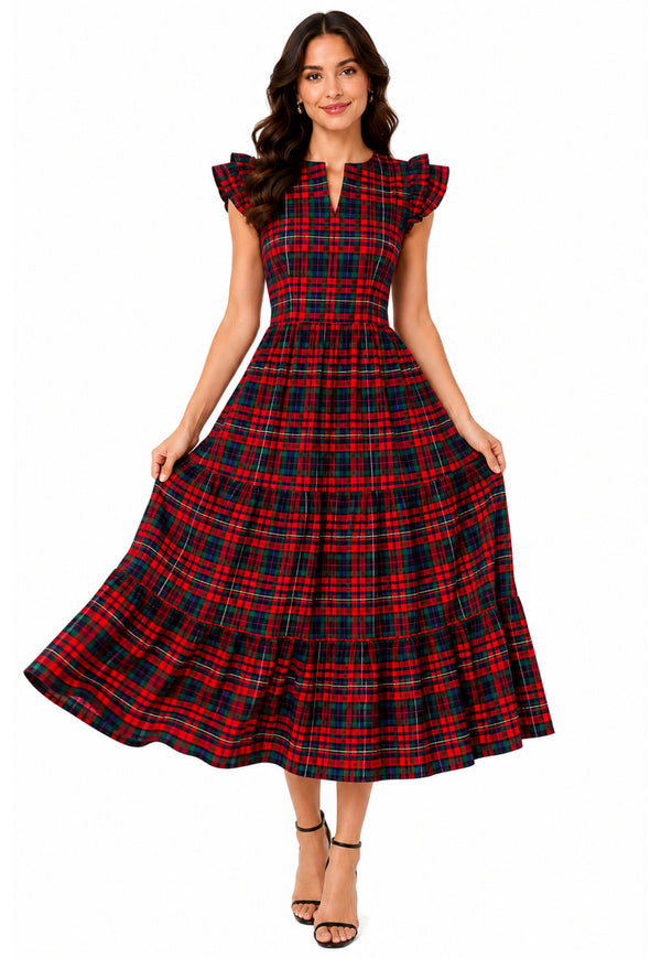 Tartan Ruffled Mary Dress With Flutter Sleeve