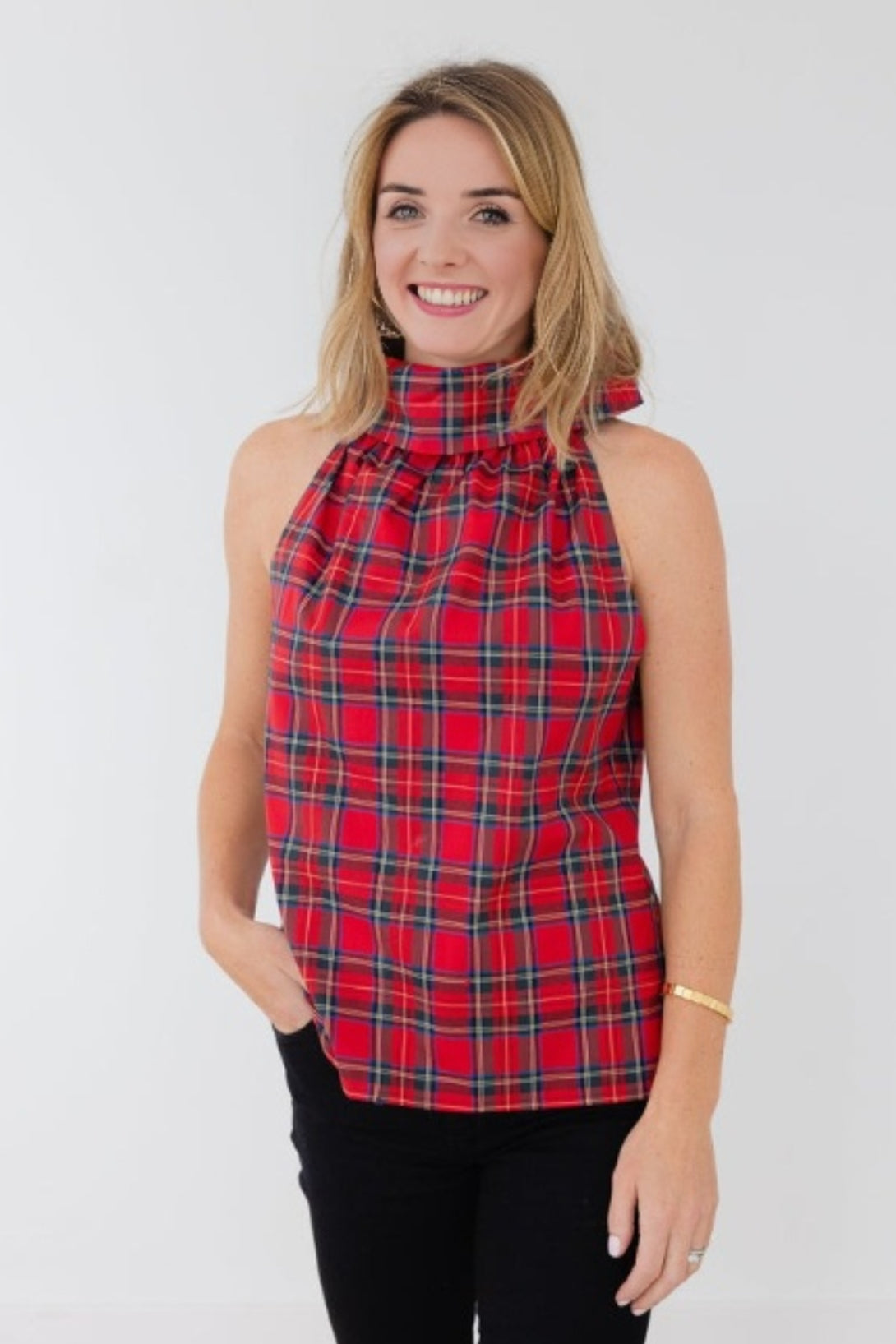 Tartan Sleeveless Cowl Neck Button Back Top - Right