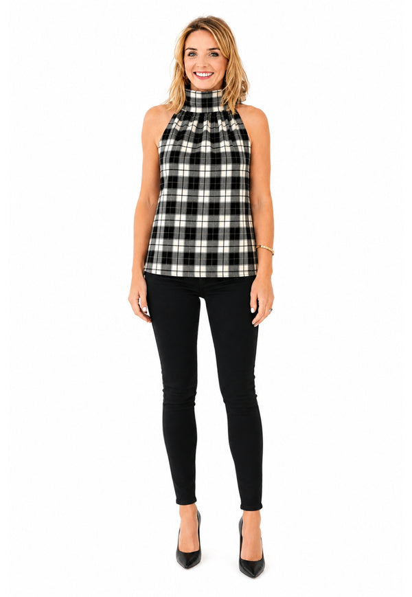 Tartan Sleeveless Cowl Neck Button Back Top