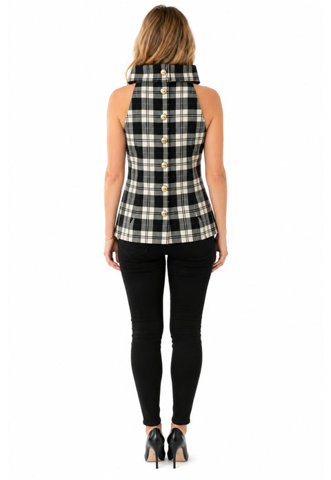 Tartan Sleeveless Cowl Neck Button Back Top