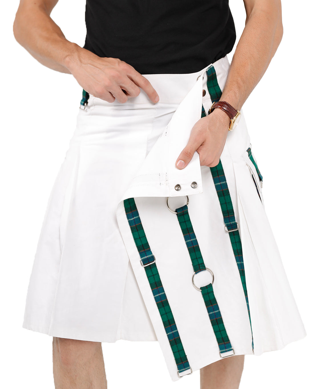 Open front of Tartan Strider Utility Kilt