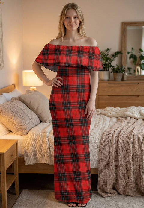 Women's Plaid Off Shoulder Long Dress