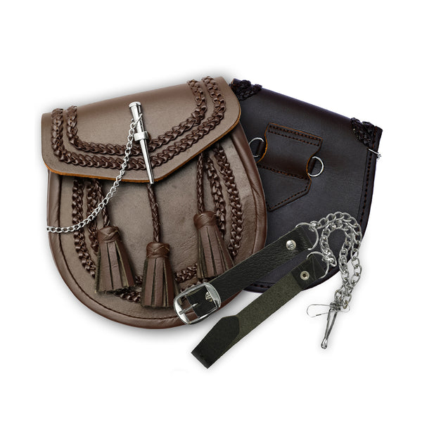 Brown Leather Braided Pin Lock Sporran set