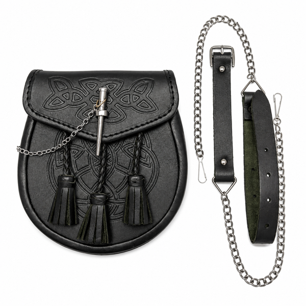 Black Celtic Embossed Pin lock Leather Sporran