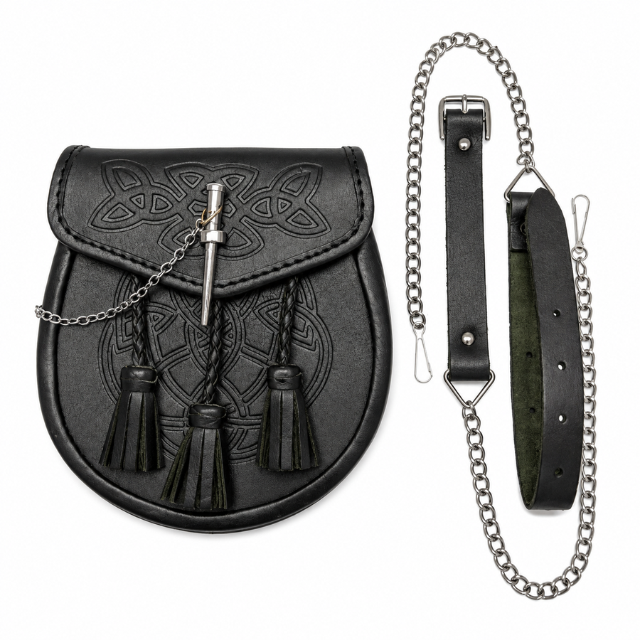 Black Celtic Embossed Pin lock Leather Sporran