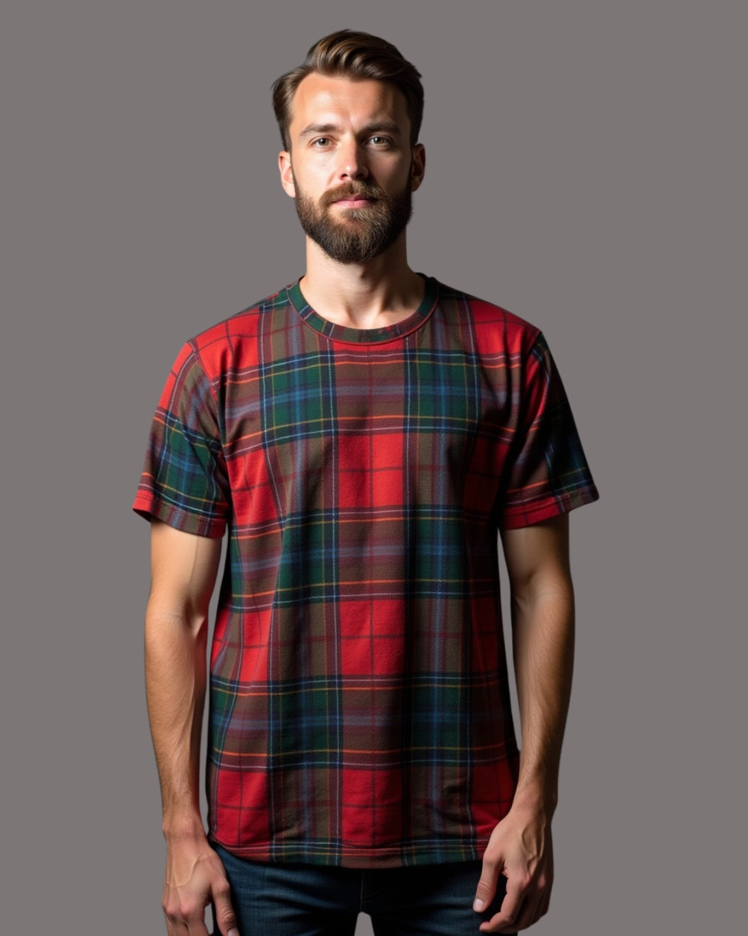 Round Neck Half Sleeve Plaid Shirt