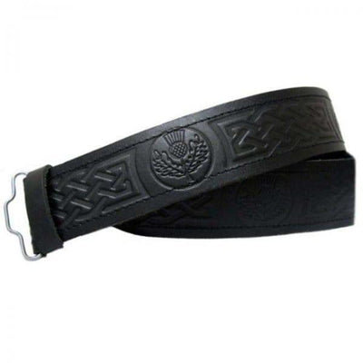 Black Leather Scottish Kilt Belt With Celtic Buckle – Adjustable Velcro Sizing (S To XXL), Plain Design For Highland Wear