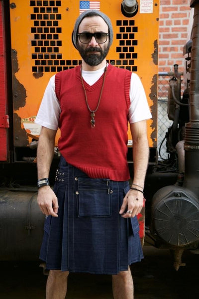 Men's Scottish Black Denim Utility Kilt with Leather Strap | DSS Kilts