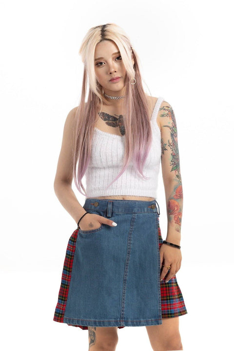 Buchanan Denim Skirt With Tartan Pleats