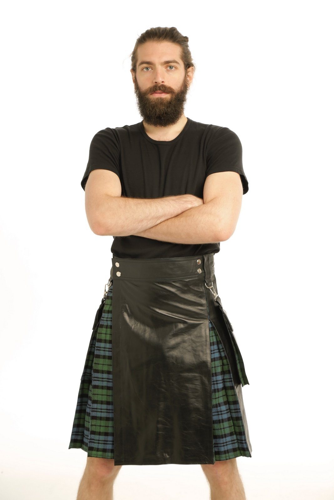 LEATHER HYBRID KILT- TARTAN BOX PLEATED