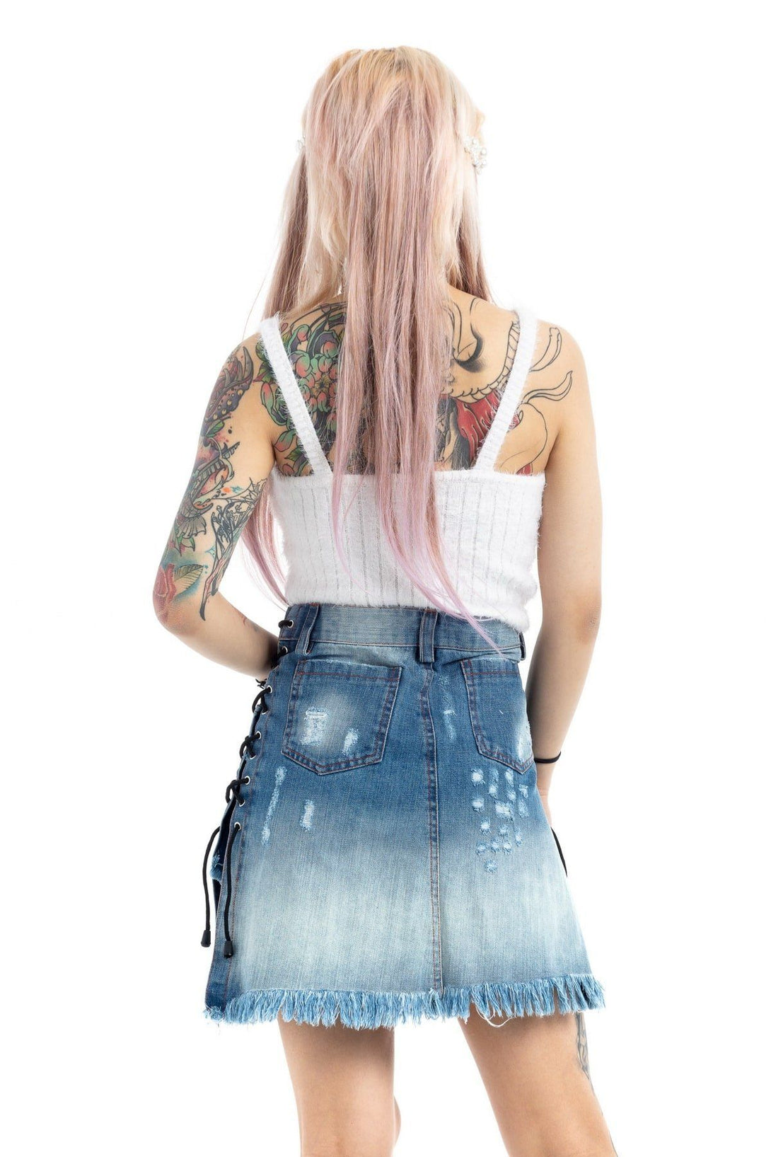 Lace Up Ripped Mini Blue Denim Skirt