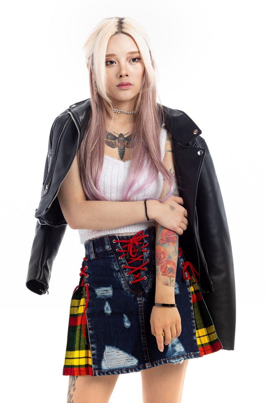 Buchanan Ripped Stylish Mini Denim Tartan Skirt - Box Pleats