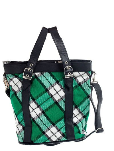 Shoulder Plaid Tote with Leather Straps