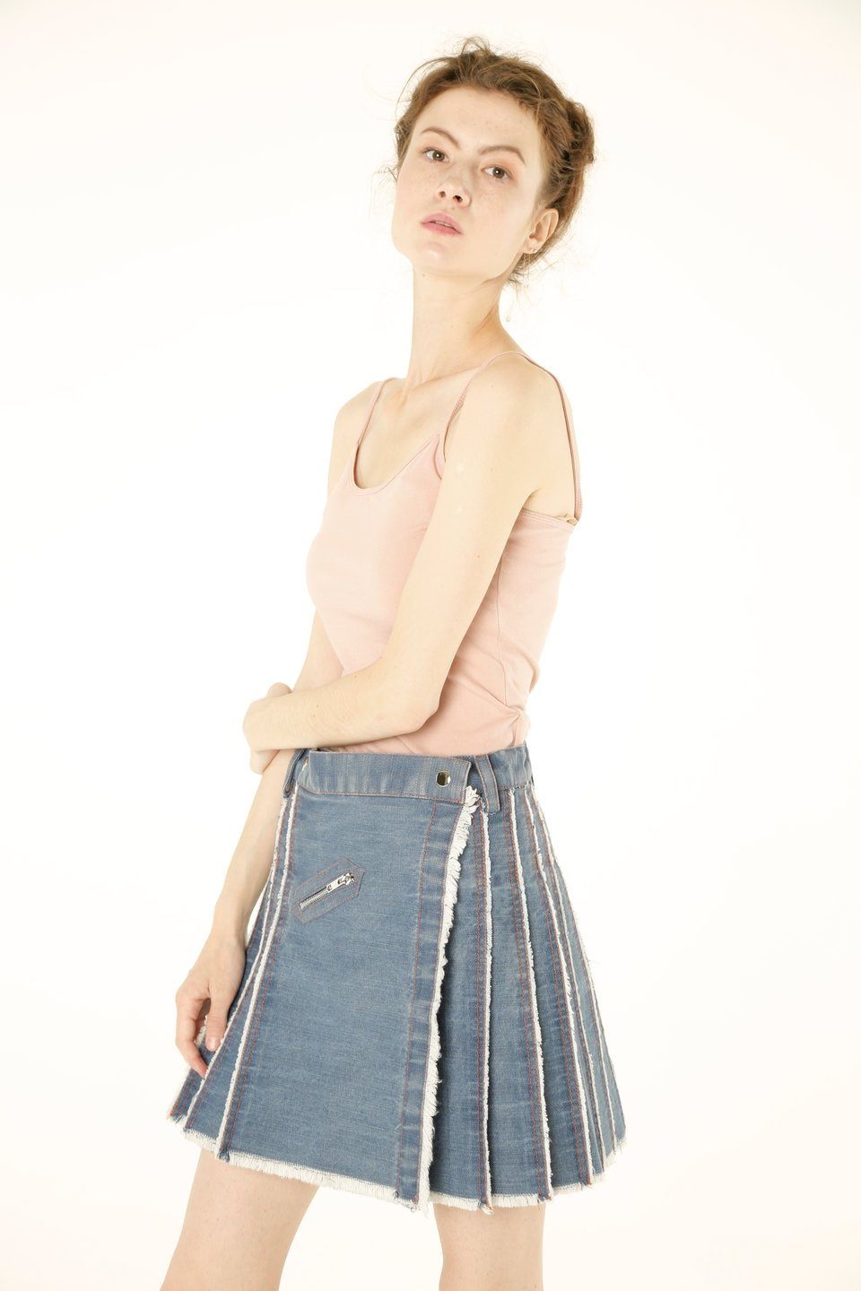 Pleated Mini Denim Skirt-left