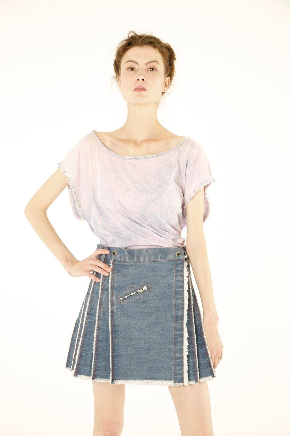 Pleated Mini Denim Skirt