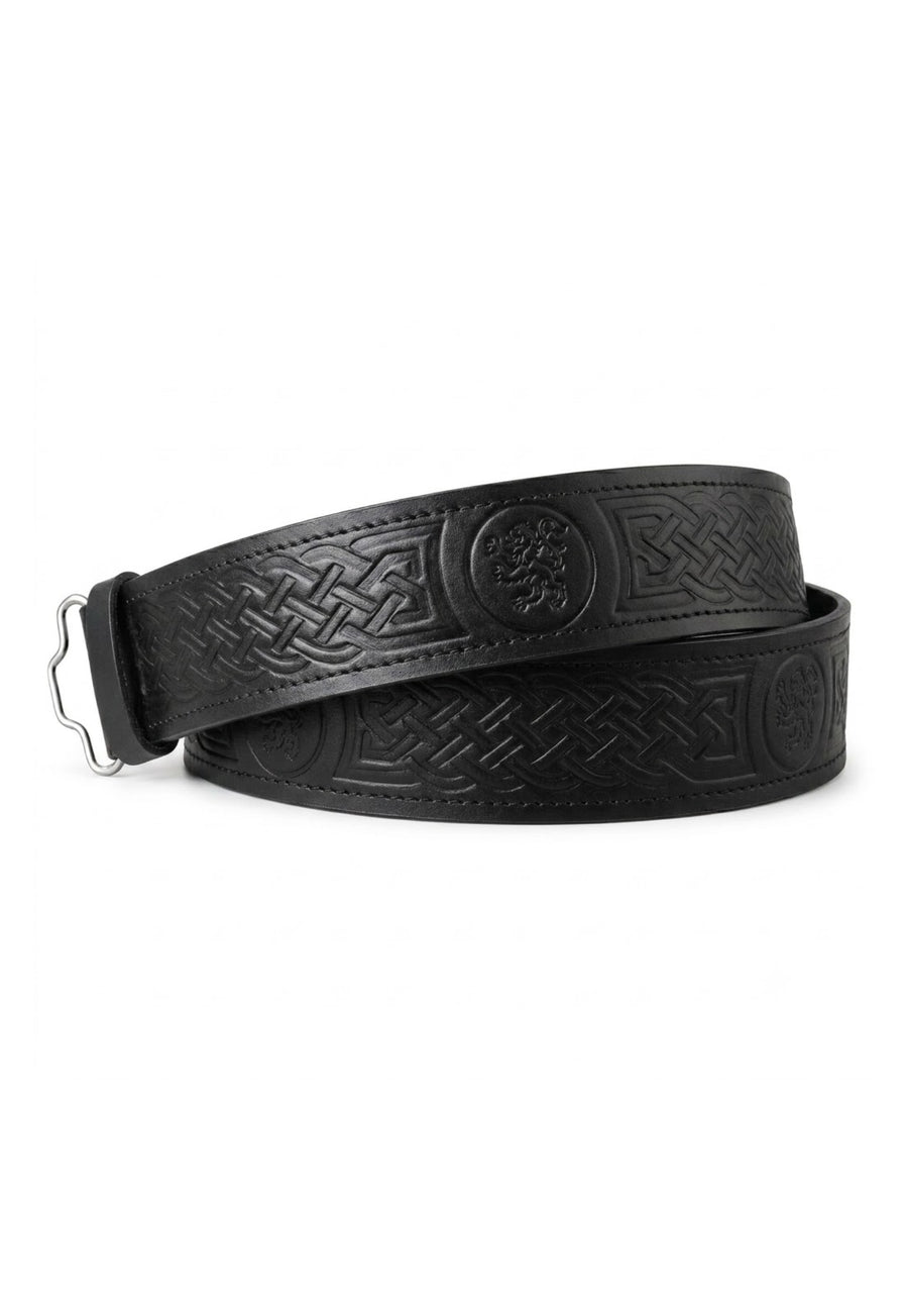 Black Leather Lion Rampant Embossed Leather Kilt Belt