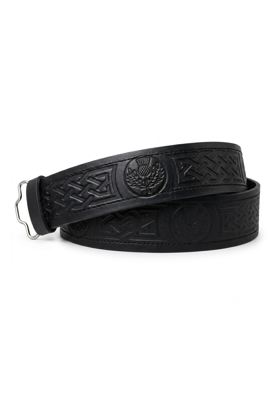 Black Leather Thistle Embossed Kilt Belt - Velcro Adjustable